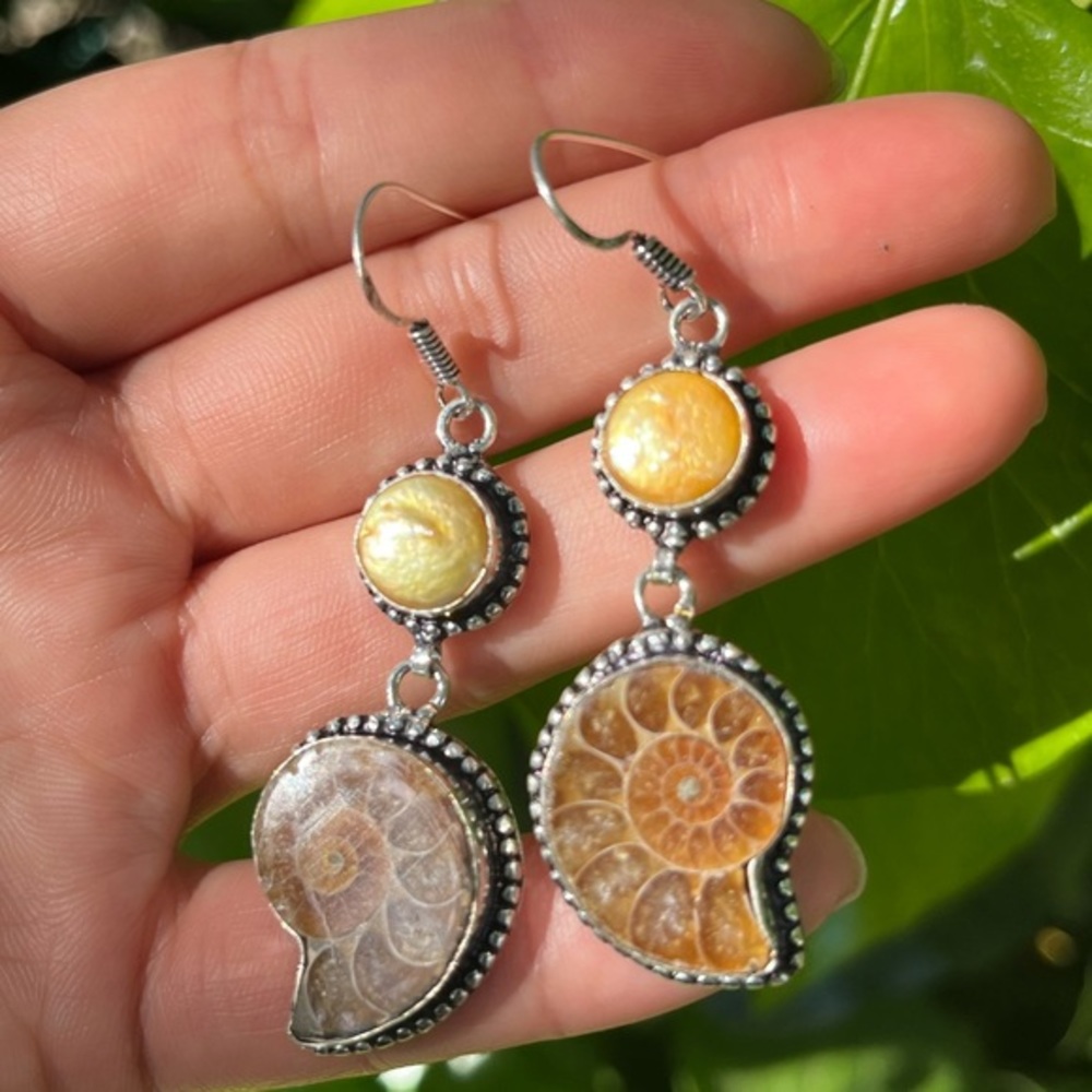 925 Silver Overlay Natural Fossilized Ammonite Earrings - Picture 6 of 6